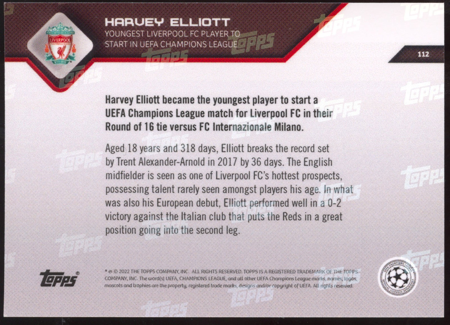 2021-22 Topps Now UCL Harvey Elliott #112 FC Liverpool