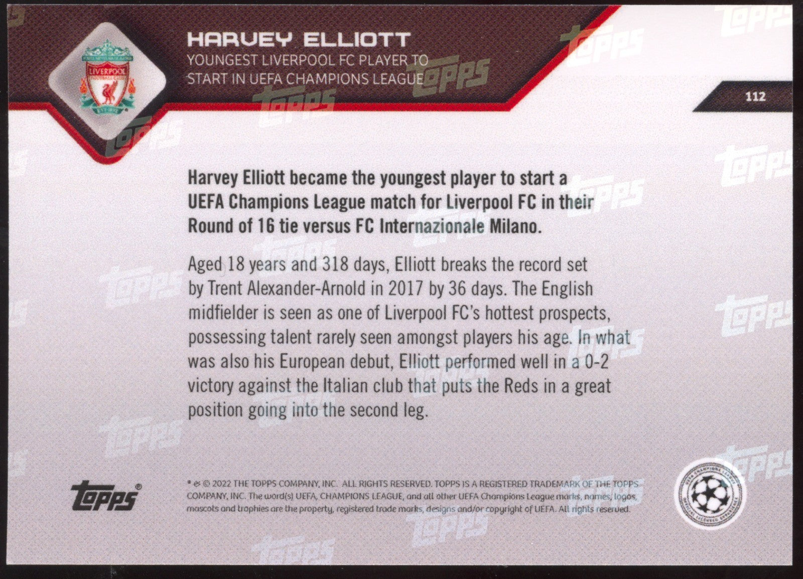 2021-22 Topps Now UCL Harvey Elliott #112 FC Liverpool