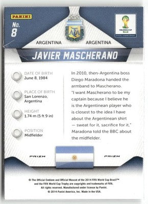 Fußball Javier Mascherano 2014 Panini Prizm World Cup #8 Yellow & Red Pulsar Prizm Argentina Trading Card Original