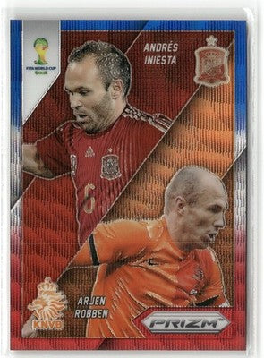 Fußball Andrés Iniesta / Arjen Robben 2014 Panini Prizm World Cup #4 Blue & Red Wave Prizm Spain / Netherlands Trading Card Original