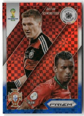 Fußball Nani / Bastian Schweinsteiger 2014 Panini Prizm World Cup #14 Red White & Blue Power Plaid Prizm Portugal / Germany Trading Card Original