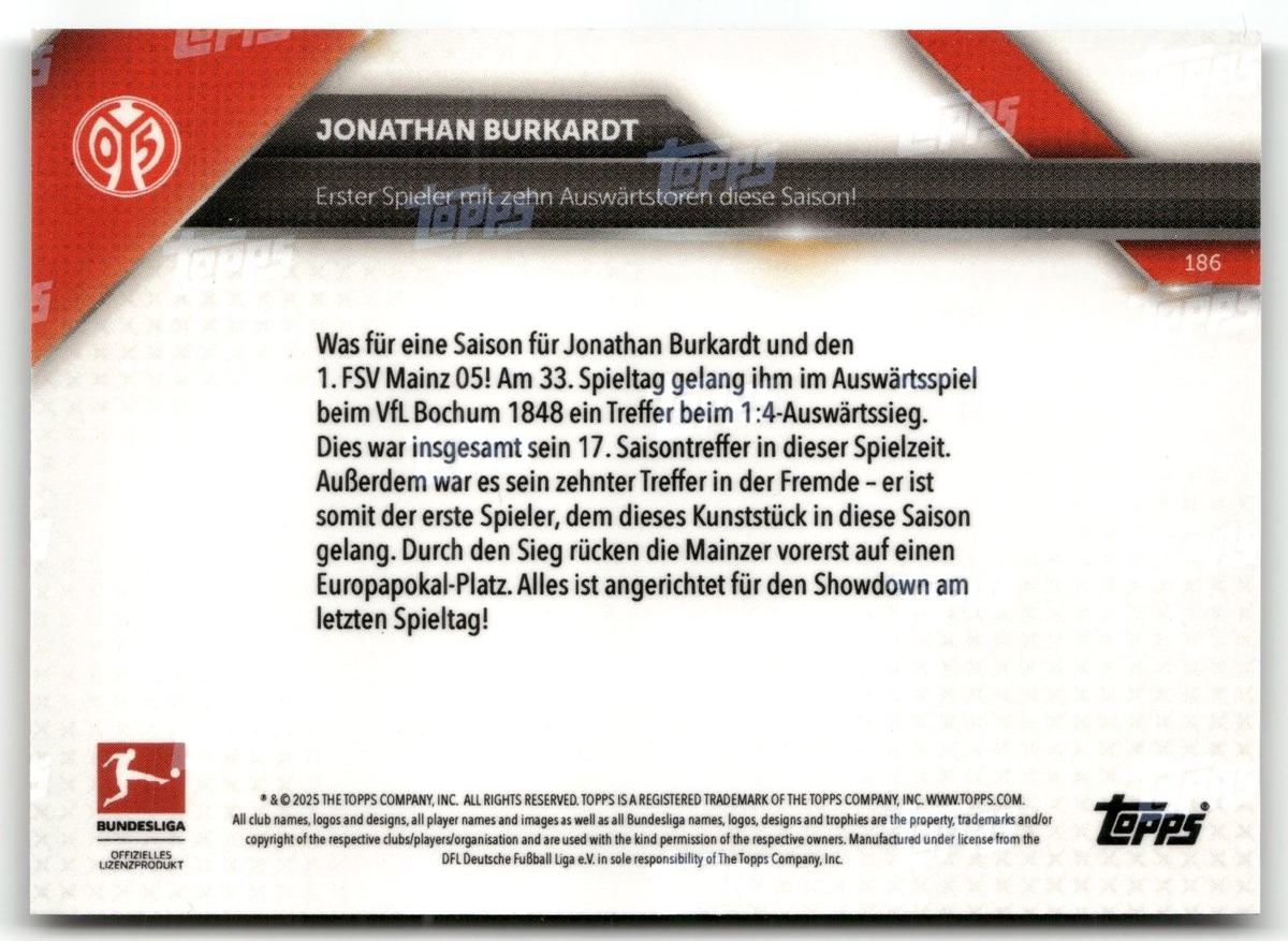 Fußball Jonathan Burkardt Topps Now Bundesliga 2025 #186 Black /10 1. FSV Mainz 05 Trading Card Original