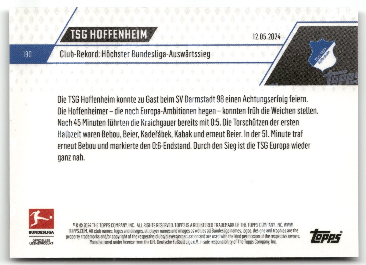 2024 Topps Now Bundesliga Black /10 #190 Hoffenheim