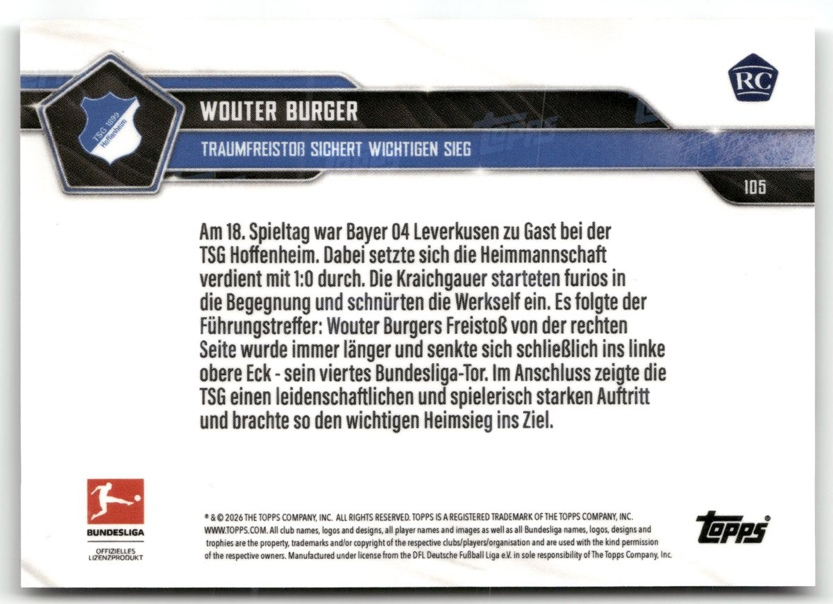 Fußball Wouter Burger Topps Now Bundesliga 2025-26 #106 Black /10 TSG 1899 Hoffenheim Rookie Card RC Trading Card Original