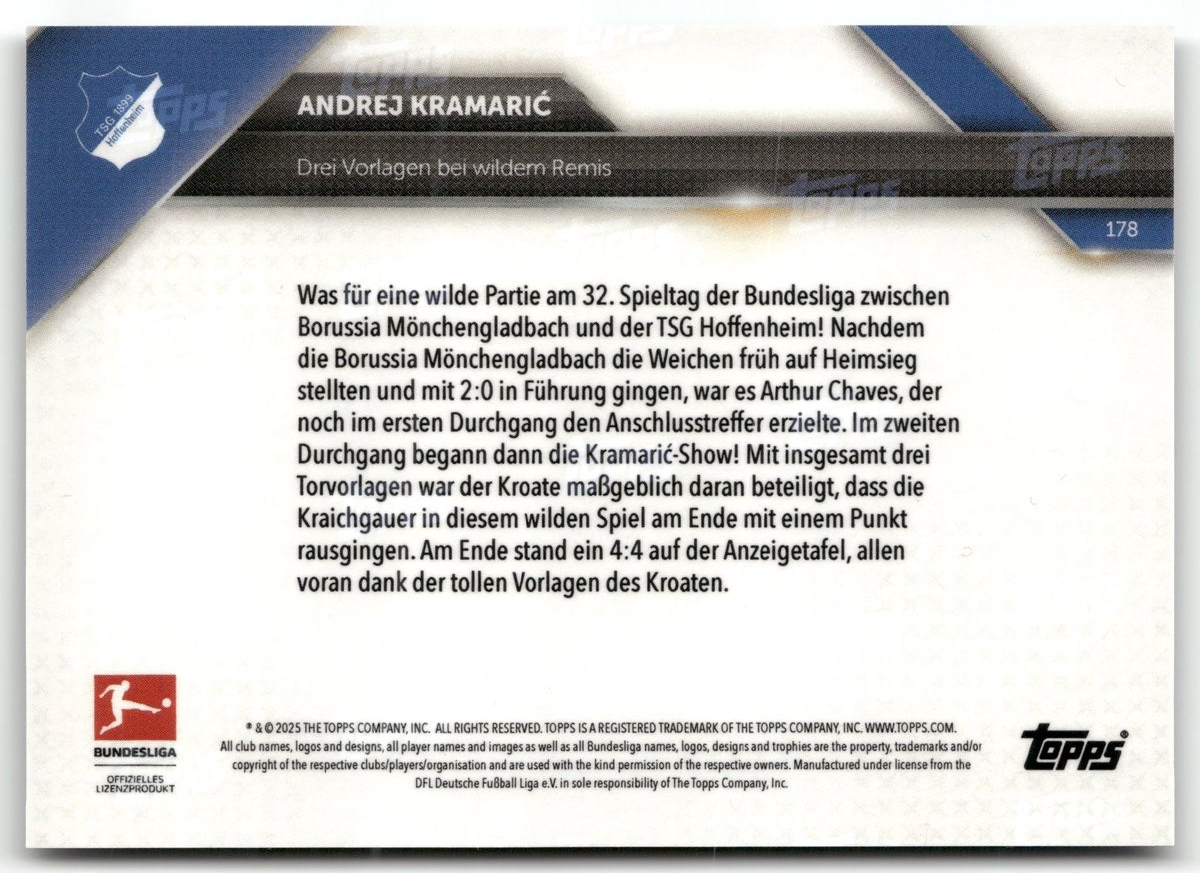 Fußball Andrej Kramarić Topps Now Bundesliga 2025 #178 Black /10 TSG 1899 Hoffenheim Trading Card Original