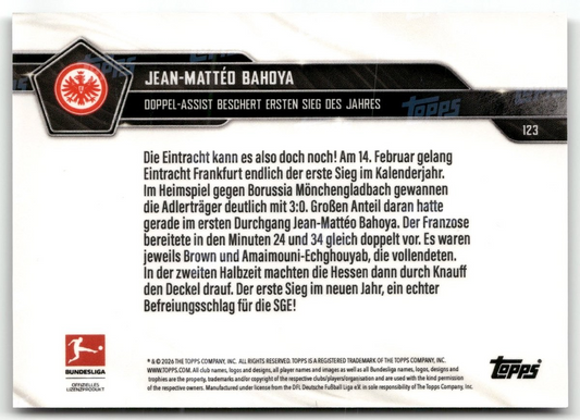 Fußball Jean-Mattéo Bahoya Topps Now Bundesliga 2025-26 #123 Black /10 Eintracht Frankfurt Trading Card Original
