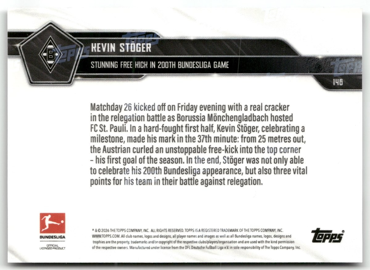 Fußball Kevin Stöger Topps Now Bundesliga 2025-26 #146 Black /10 Borussia Mönchengladbach Trading Card Original