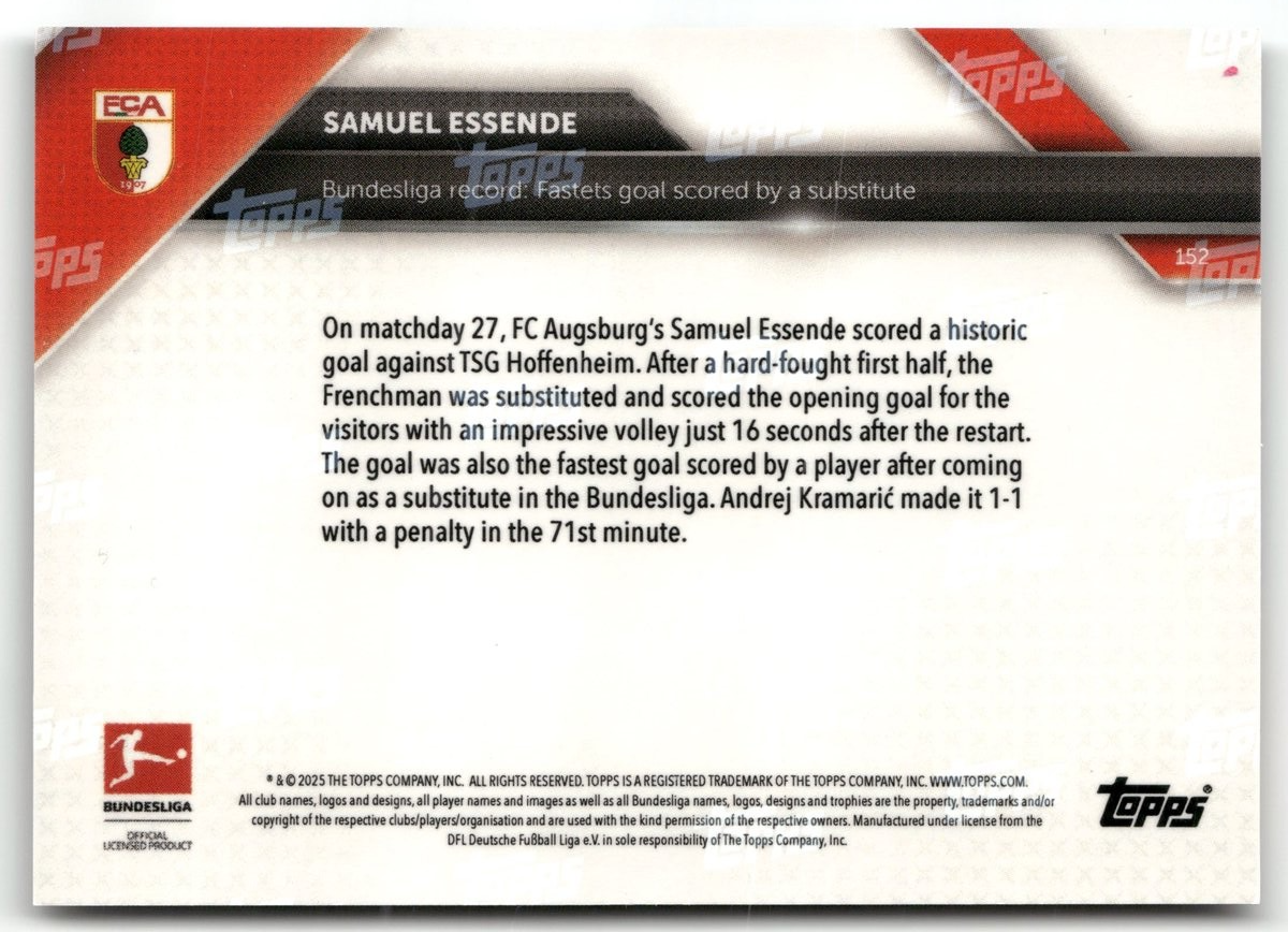 Fußball Samuel Essende Topps Now Bundesliga 2024-25 #152 Black /10 FC Augsburg Trading Card Original