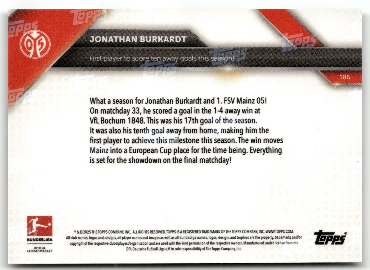 Fußball Jonathan Burkardt Topps Now Bundesliga 2025 #186 Black /10 1. FSV Mainz 05 Trading Card Original