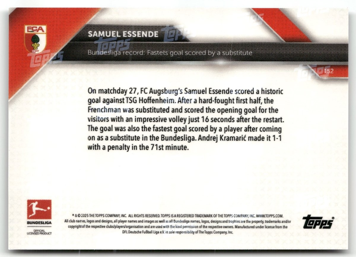 Fußball Samuel Essende Topps Now Bundesliga 2025 #152 Black /10 FC Augsburg Trading Card Original