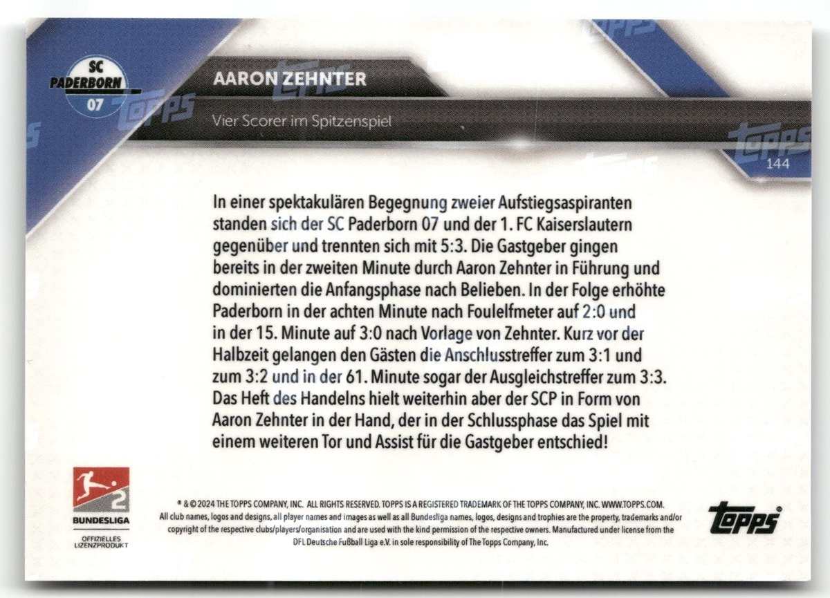 Fußball Aaron Zehnter Topps Now Bundesliga 2 2024-25 #144 Black /10 SC Paderborn 07 Trading Card Original