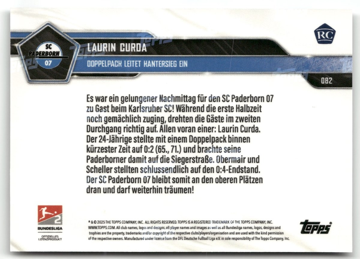 Fußball Laurin Curda Topps Now 2025 #DB2 Black /10 SC Paderborn 07 Rookie Card RC Trading Card Original