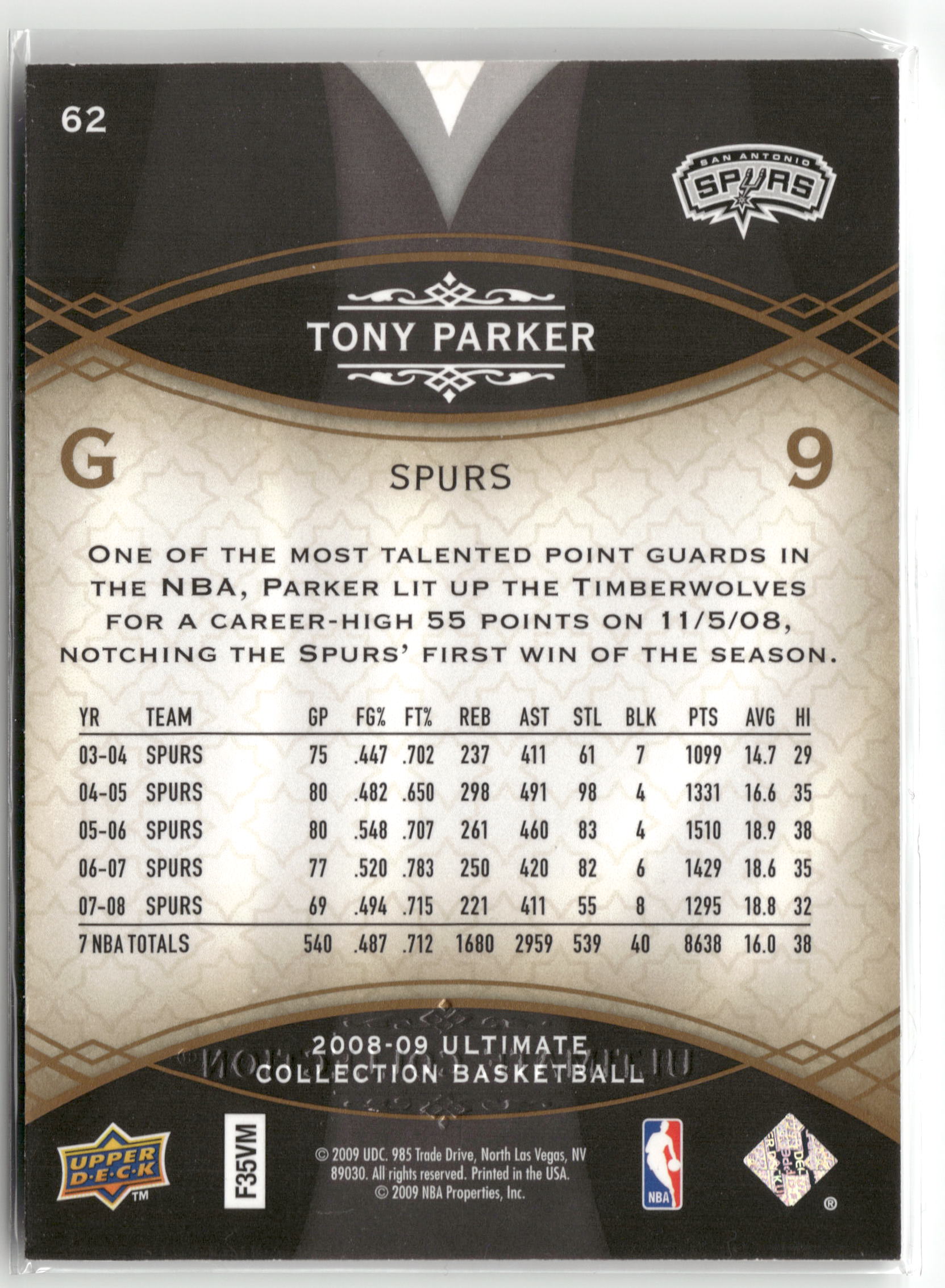Basketball NBA Tony Parker 2008-09 Upper Deck Ultimate Collection Basketball #62 San Antonio Spurs Trading Card Original
