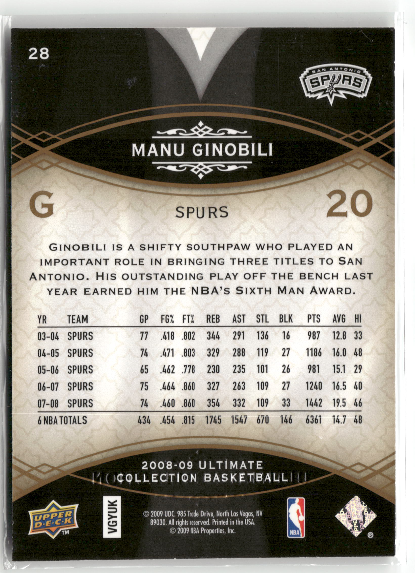 Basketball NBA Manu Ginobili 2008-09 Upper Deck Ultimate Collection Basketball #28 San Antonio Spurs Trading Card Original