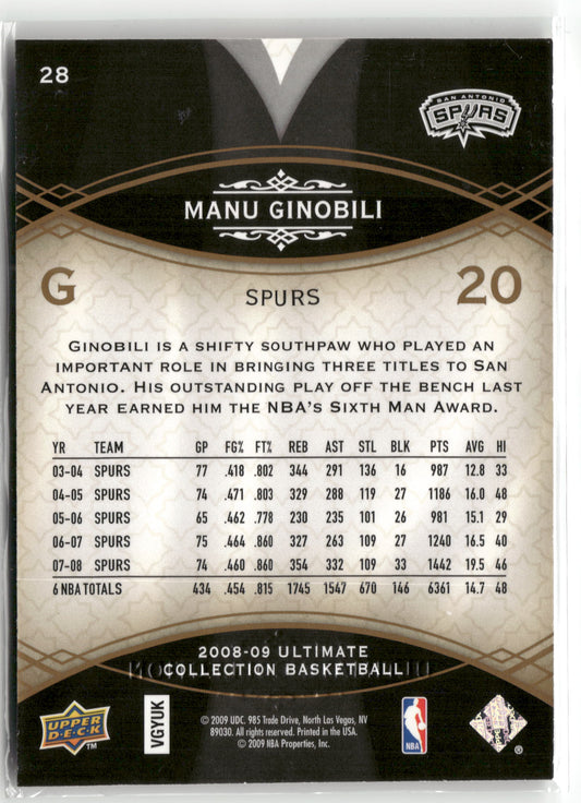 Basketball NBA Manu Ginobili 2008-09 Upper Deck Ultimate Collection Basketball #28 San Antonio Spurs Trading Card Original