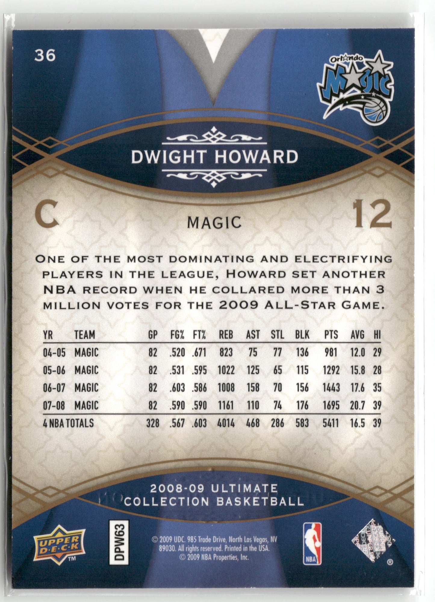 Basketball NBA Dwight Howard 2008-09 Upper Deck Ultimate Collection Basketball #36 Orlando Magic Trading Card Original
