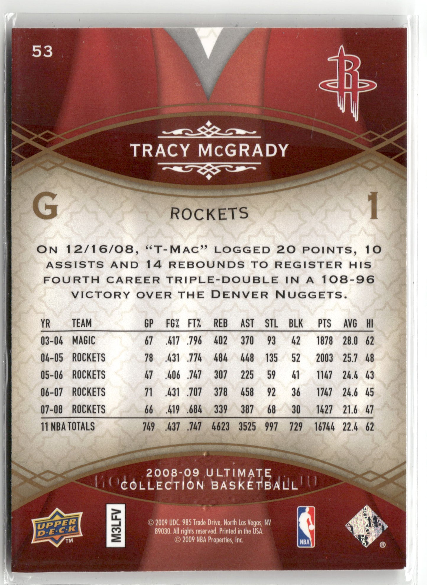 Basketball NBA Tracy McGrady 2008-09 Upper Deck Ultimate Collection Basketball #53 Houston Rockets Trading Card Original
