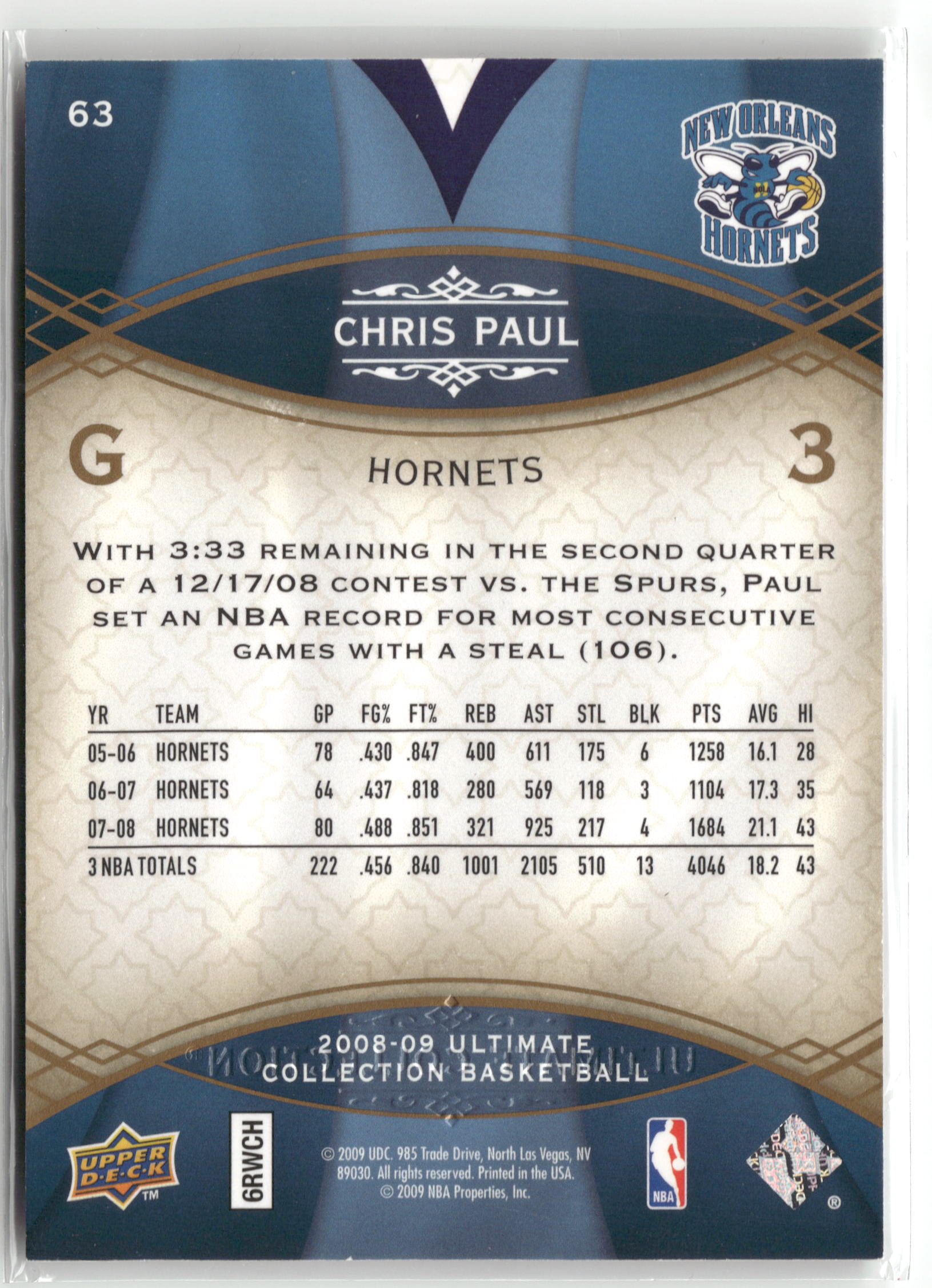 Basketball NBA Chris Paul 2008-09 Upper Deck Ultimate Collection Basketball #63 New Orleans Hornets Trading Card Original