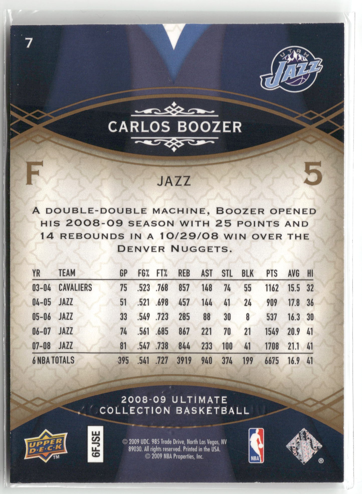 Basketball NBA Carlos Boozer 2008-09 Upper Deck Ultimate Collection Basketball #7 Utah Jazz Trading Card Original