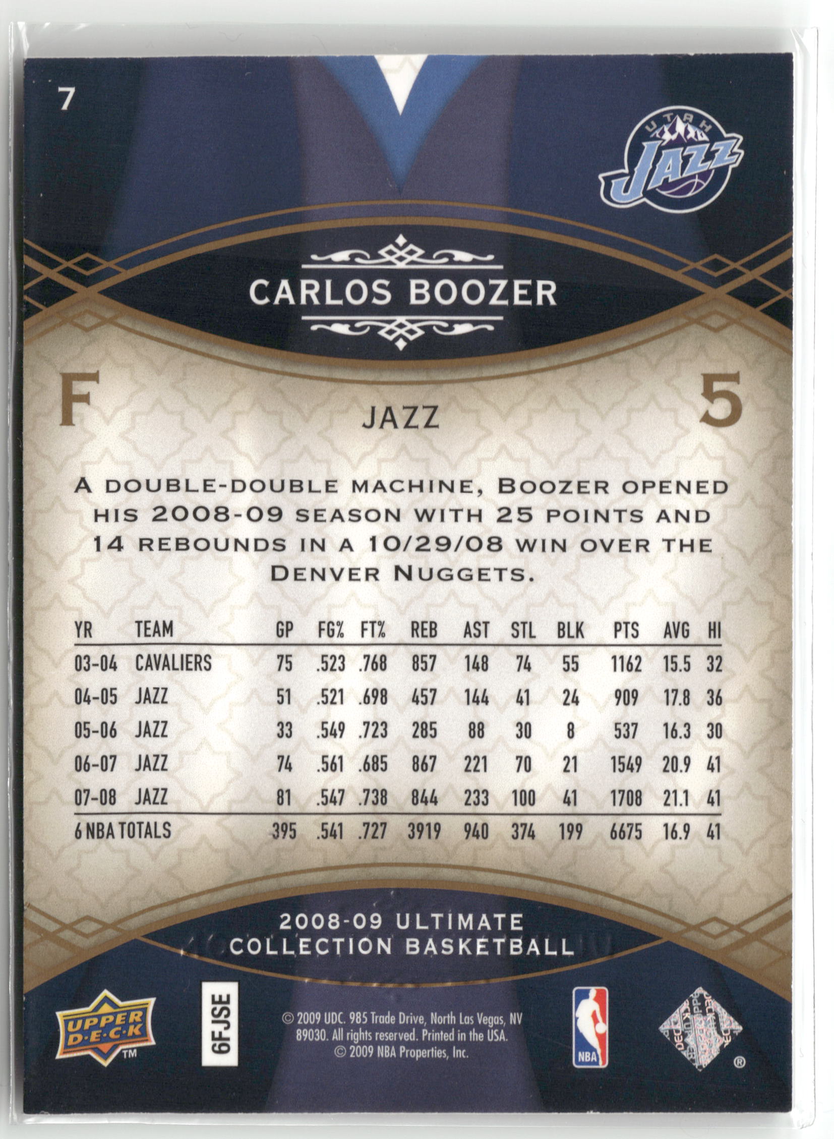 Basketball NBA Carlos Boozer 2008-09 Upper Deck Ultimate Collection Basketball #7 Utah Jazz Trading Card Original