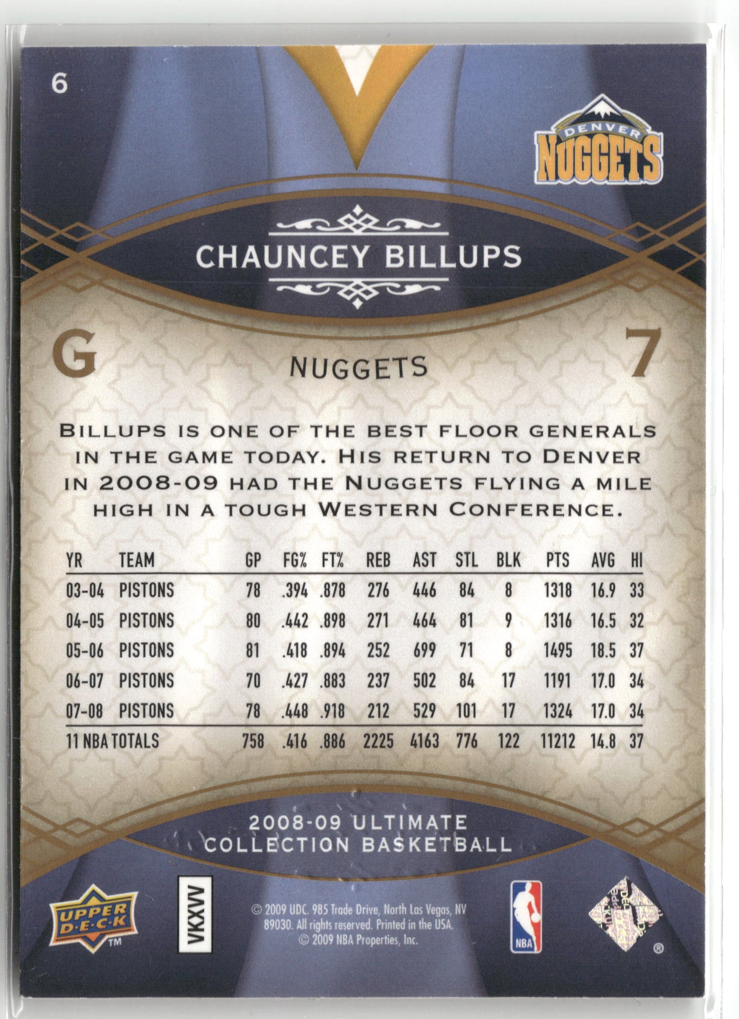 Basketball NBA Chauncey Billups 2008-09 Upper Deck Ultimate Collection Basketball #6 Denver Nuggets Trading Card Original