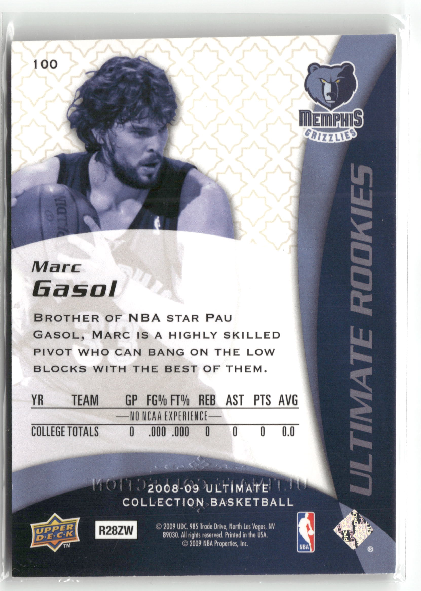 Basketball NBA Marc Gasol 2008-09 Upper Deck Ultimate Collection Basketball #100 Memphis Grizzlies Rookie Card RC Trading Card Original
