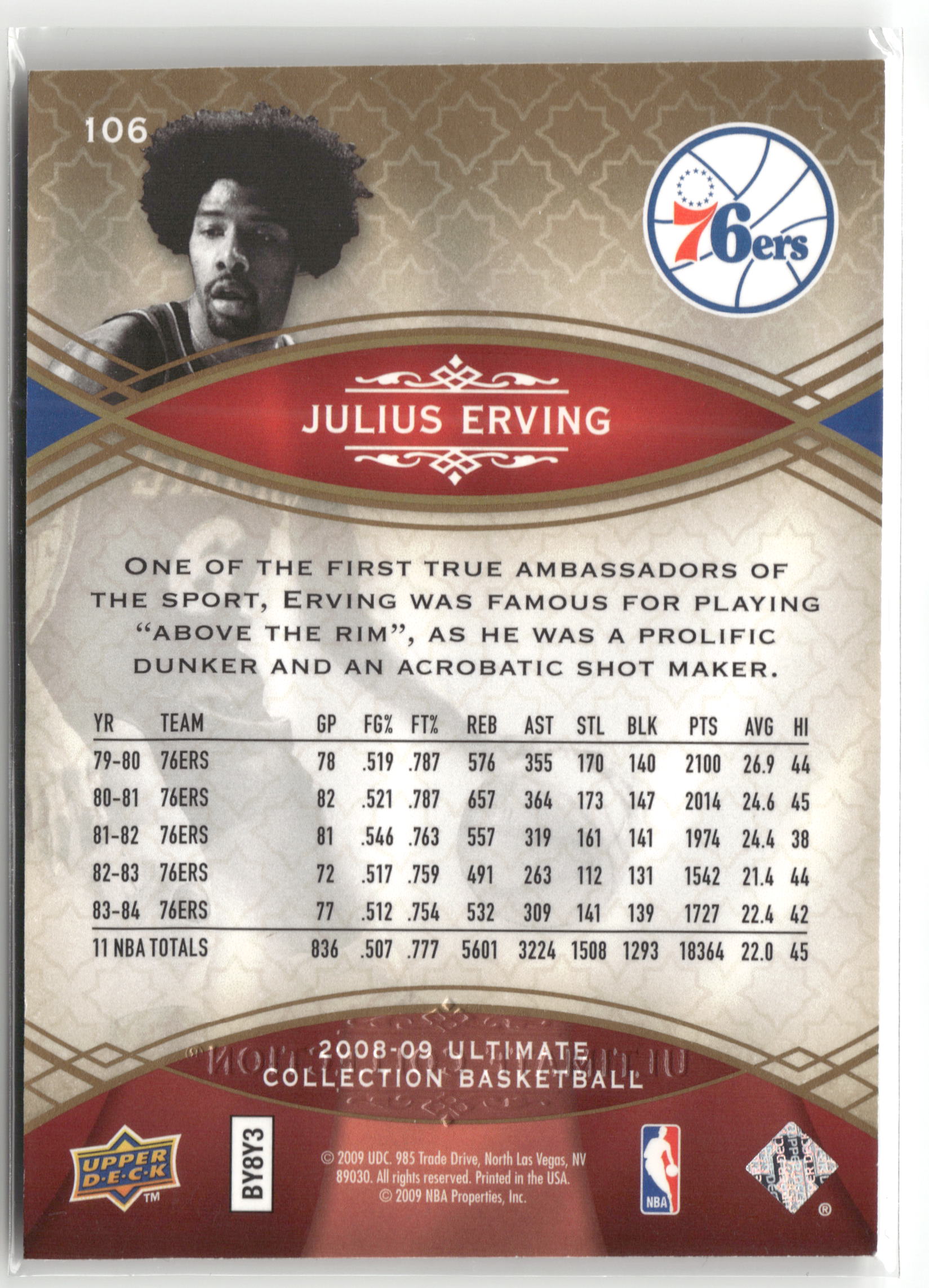 Basketball NBA Julius Erving 2008-09 Upper Deck Ultimate Collection Basketball #106 Philadelphia 76ers Trading Card Original