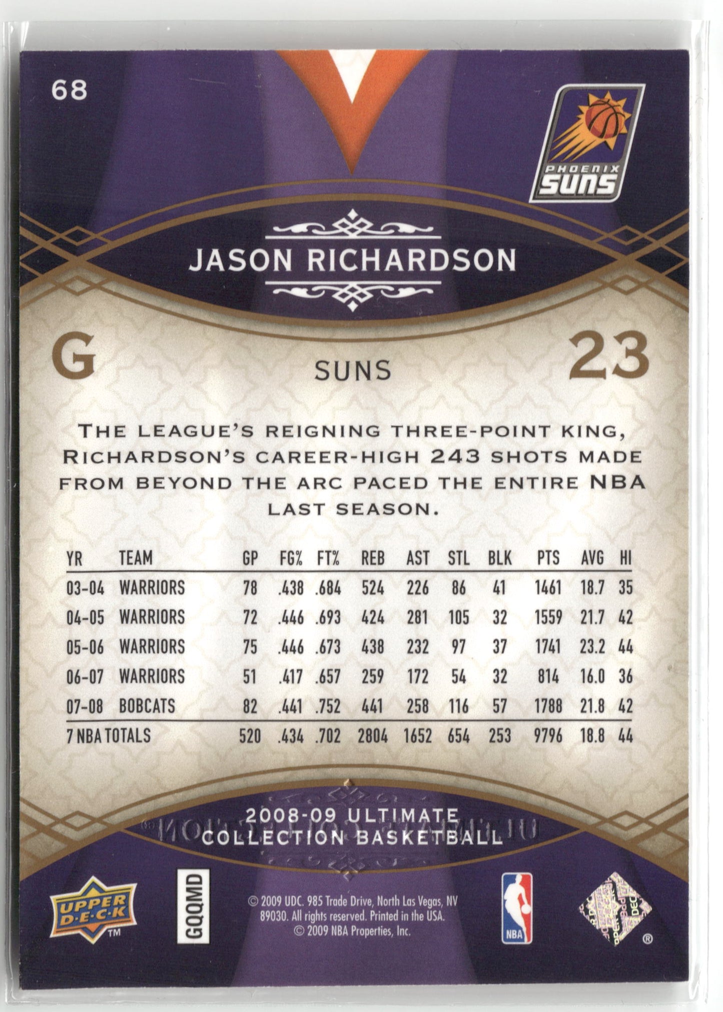 Basketball NBA Jason Richardson 2008-09 Upper Deck Ultimate Collection Basketball #68 Phoenix Suns Trading Card Original