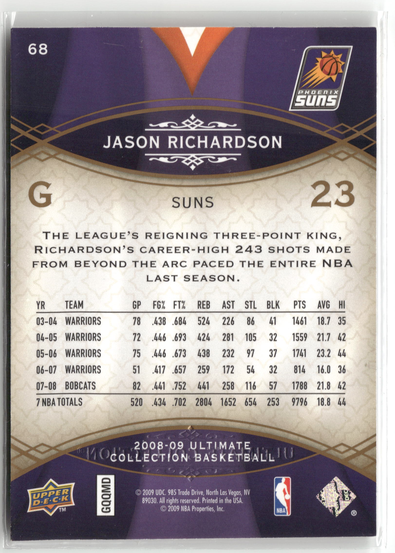 Basketball NBA Jason Richardson 2008-09 Upper Deck Ultimate Collection Basketball #68 Phoenix Suns Trading Card Original