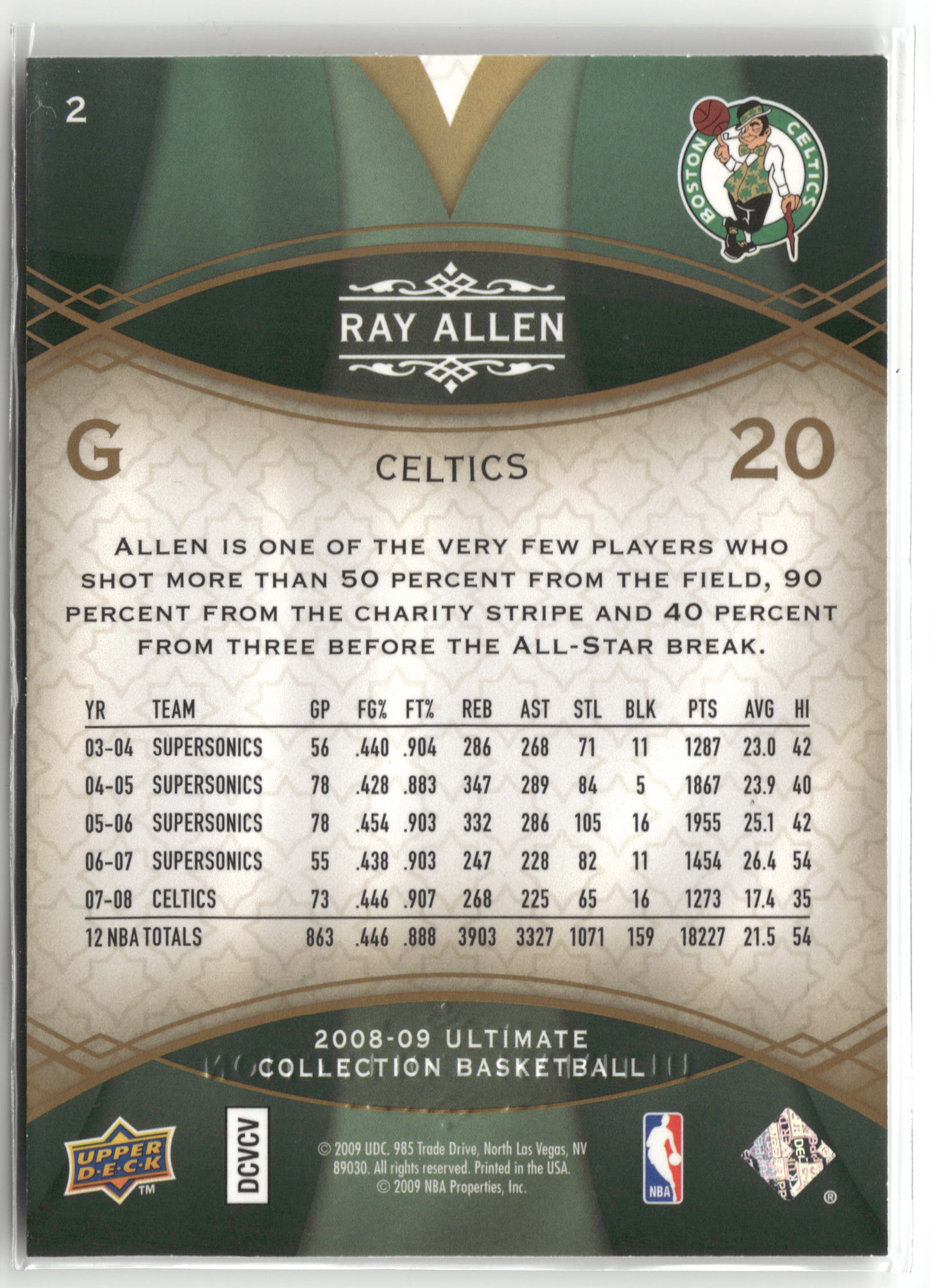 Basketball NBA Ray Allen 2008-09 Upper Deck Ultimate Collection Basketball #2 Boston Celtics Trading Card Original