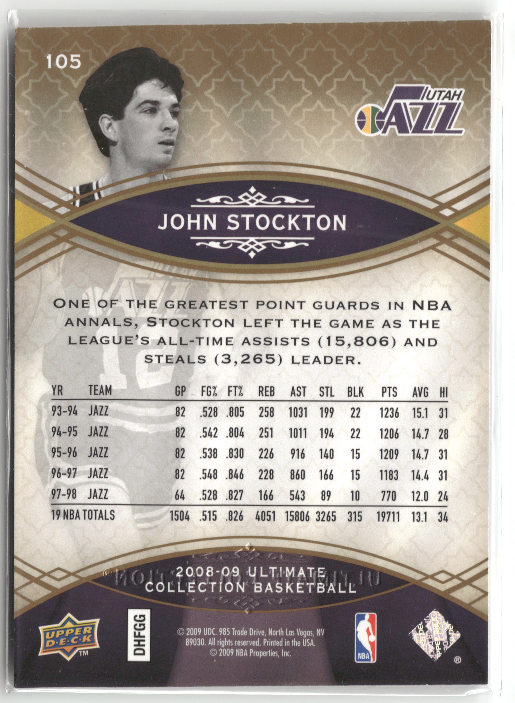 Basketball NBA John Stockton 2008-09 Upper Deck Ultimate Collection Basketball #105 Utah Jazz Trading Card Original