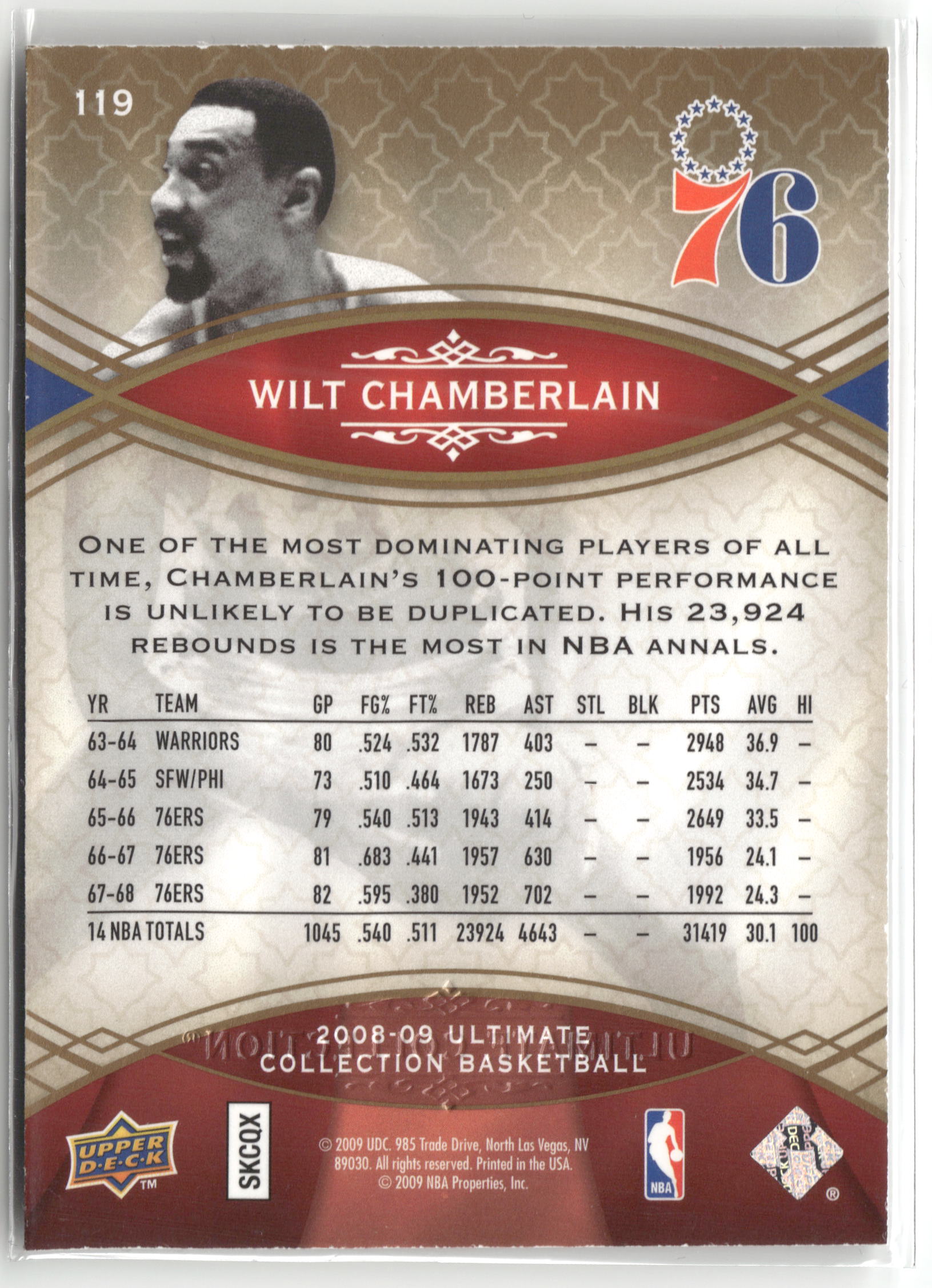 Basketball NBA Wilt Chamberlain 2008-09 Upper Deck Ultimate Collection Basketball #119 76ers Trading Card Original