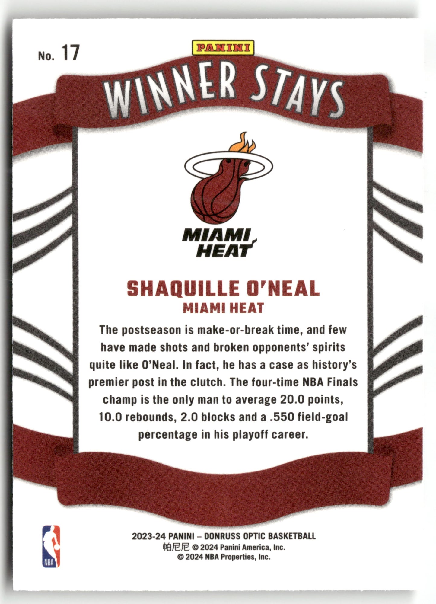 Basketball NBA Shaquille O'Neal 2023-24 Panini Donruss Optic Basketball #17 Winner Stays Miami Heat Trading Card Original