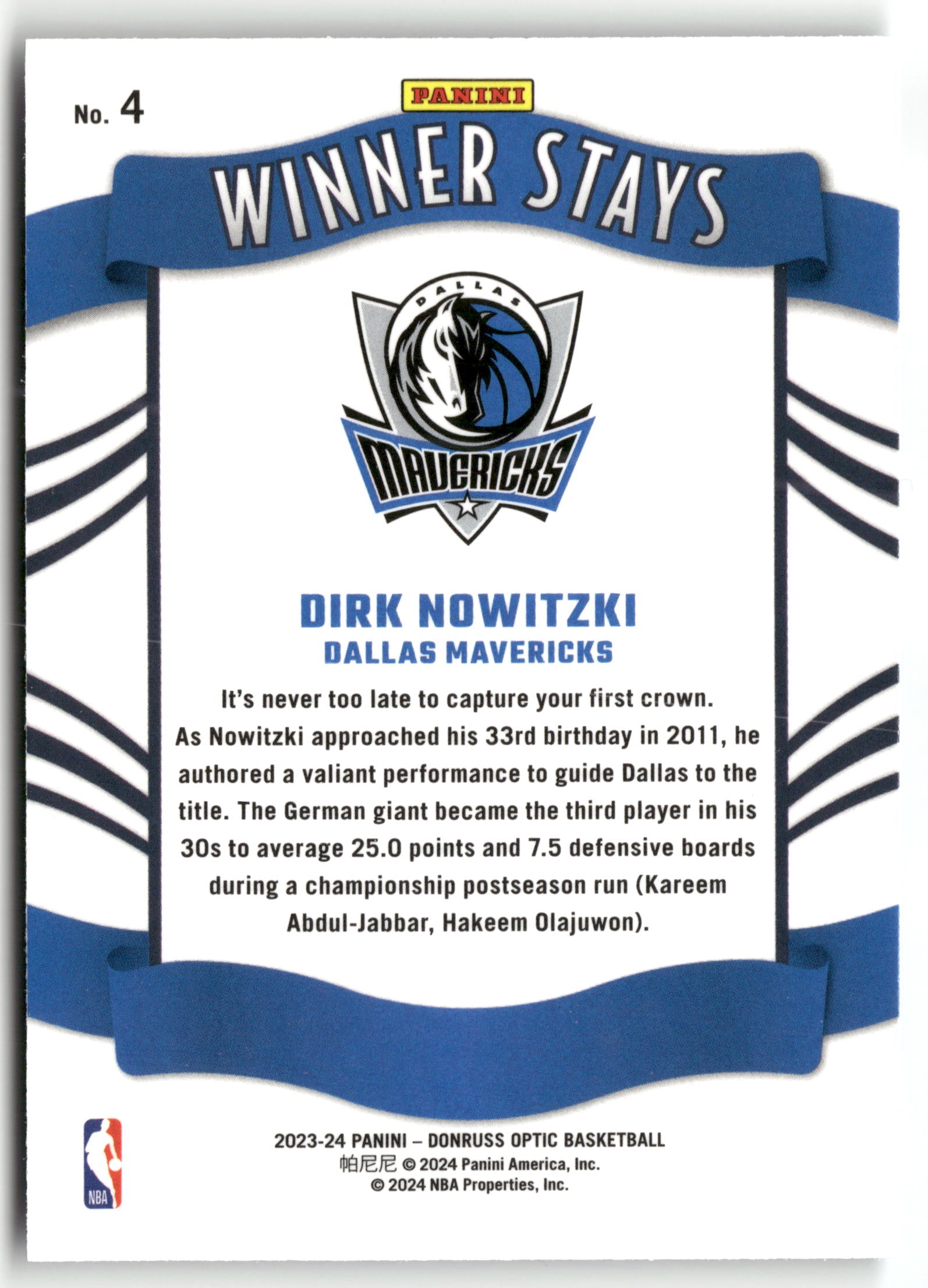Basketball NBA Dirk Nowitzki 2023-24 Panini Donruss Optic Basketball #4 Winner Stays Dallas Mavericks Trading Card Original