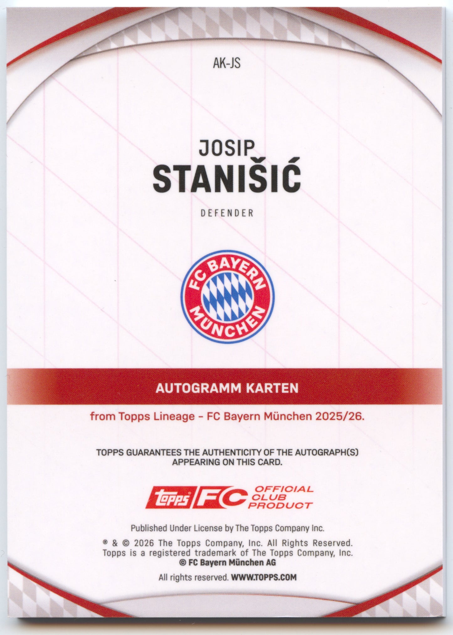 Fußball Josip Stanišić Topps Lineage 2025-26 FC Bayern München #AK-JS Red 3/5 FC Bayern München Trading Card Original