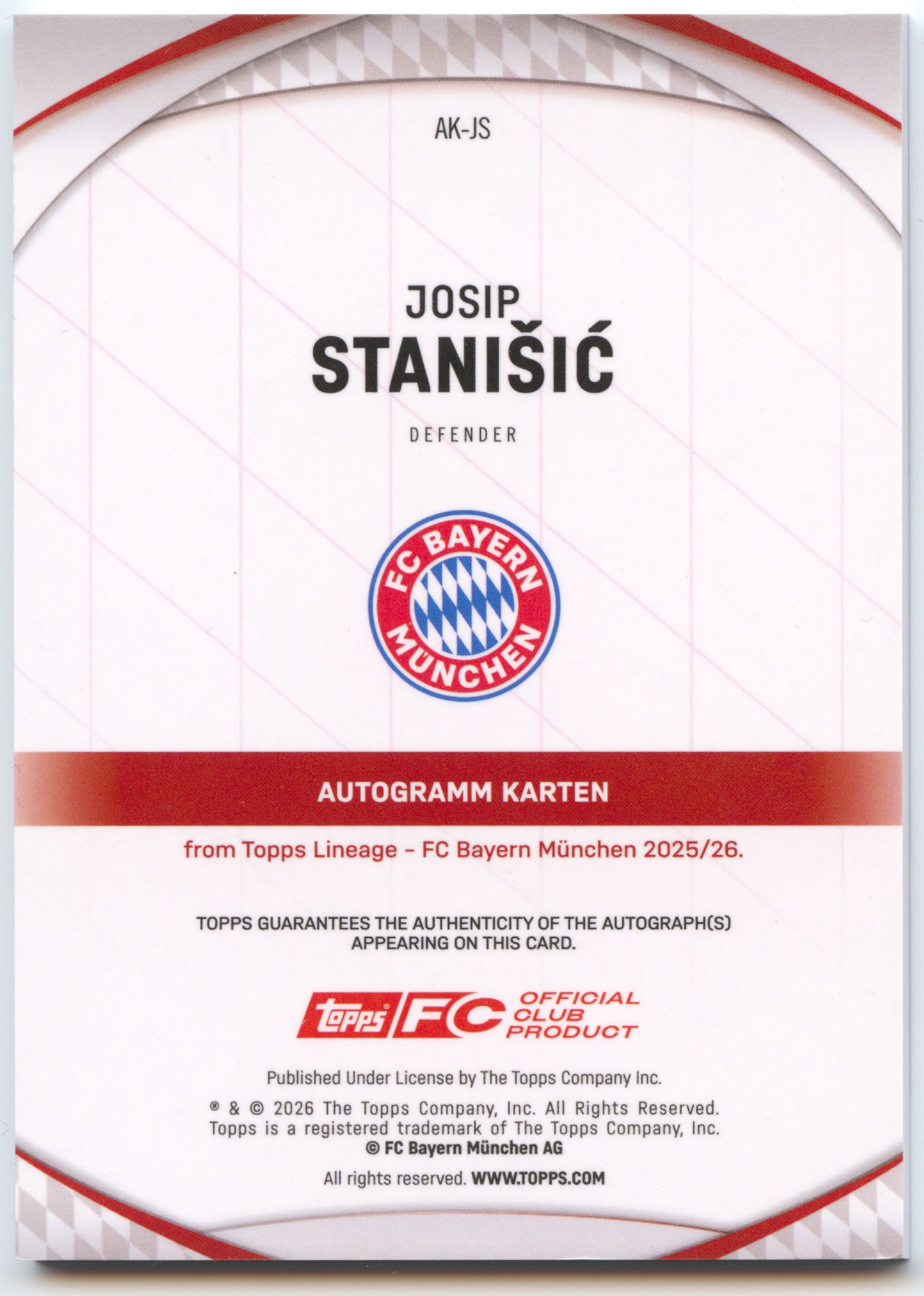 Fußball Josip Stanišić Topps Lineage 2025-26 FC Bayern München #AK-JS Red 3/5 FC Bayern München Trading Card Original