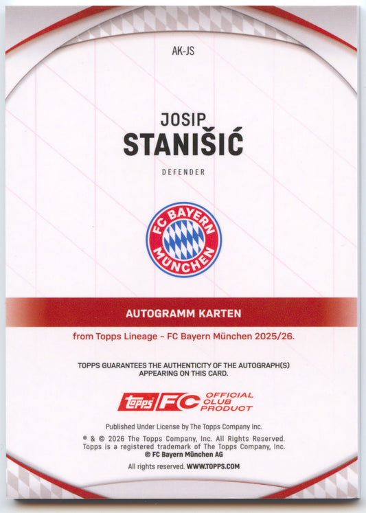 Fußball Josip Stanišić Topps Lineage 2025-26 FC Bayern München #AK-JS Red 3/5 FC Bayern München Trading Card Original