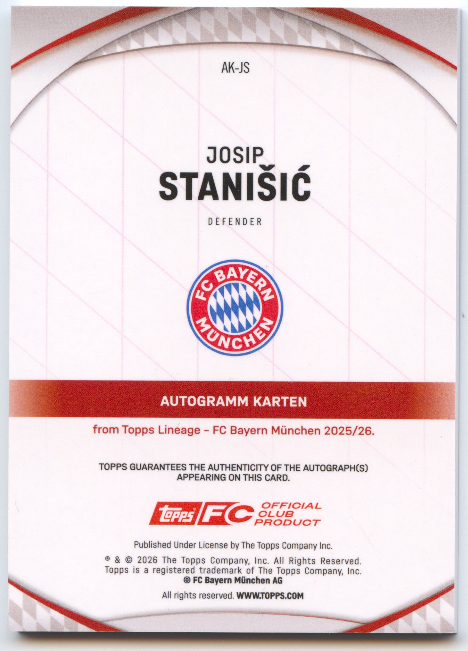 Fußball Josip Stanišić Topps Lineage 2025-26 FC Bayern München #AK-JS Purple /75 FC Bayern München Trading Card Original