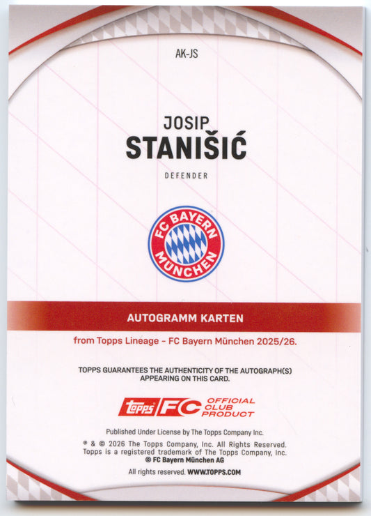 Fußball Josip Stanišić Topps Lineage 2025-26 FC Bayern München #AK-JS Purple /75 FC Bayern München Trading Card Original