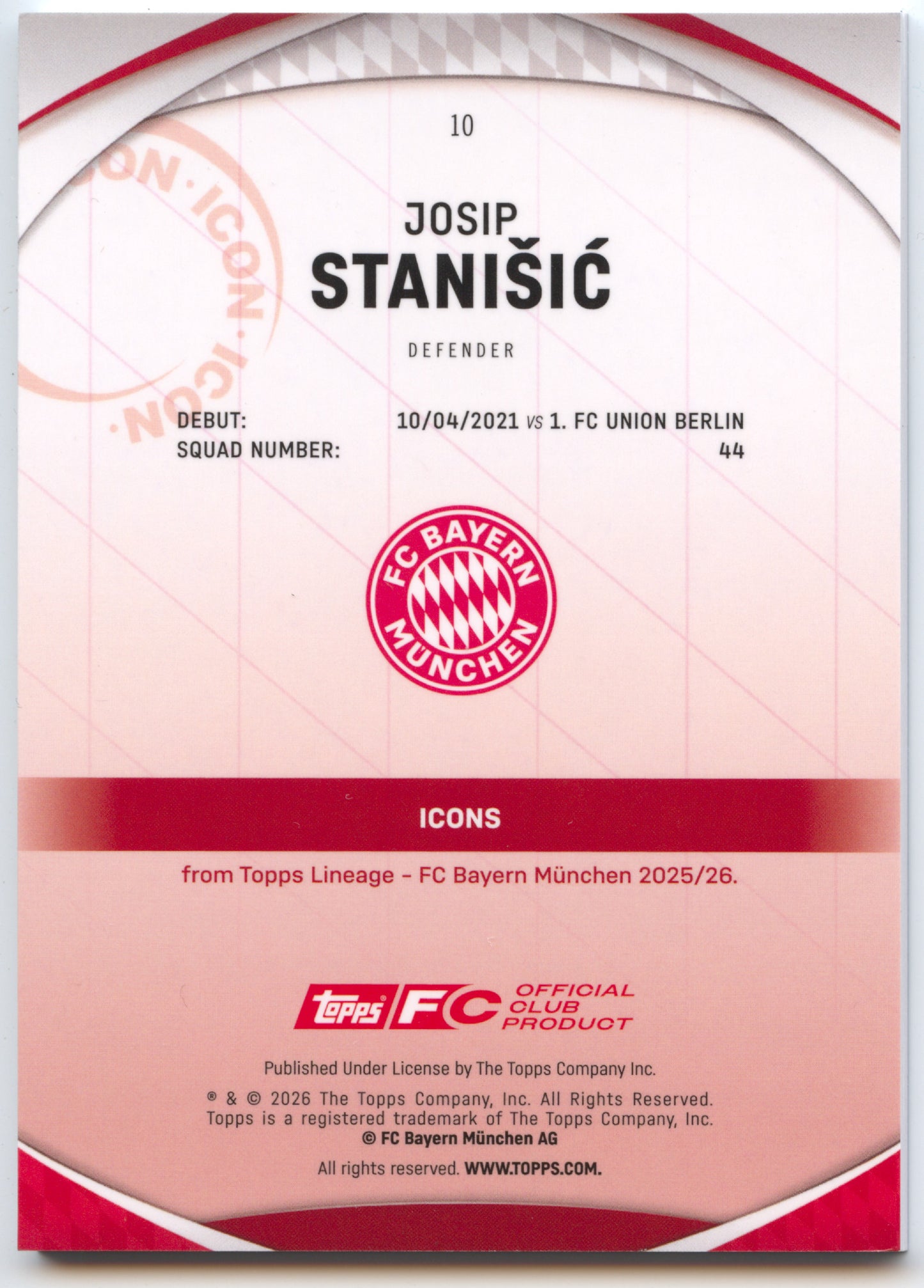 Fußball Josip Stanišić Topps Lineage 2025-26 FC Bayern München #10 Blue /34 FC Bayern München Trading Card Original