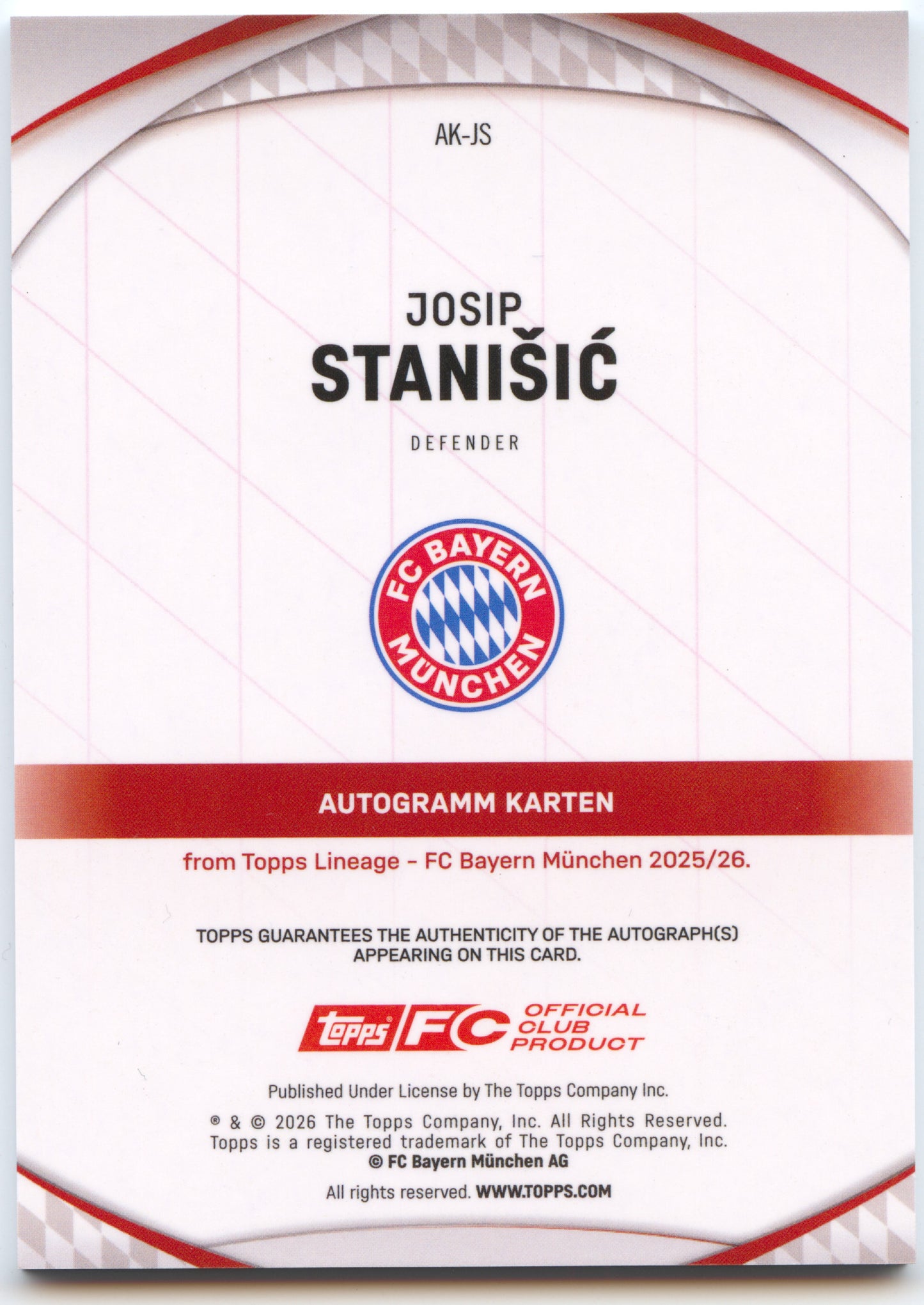 Fußball Josip Stanišić Topps Lineage 2025-26 FC Bayern München #AK-JS Auto Purple /75 FC Bayern München Trading Card Original