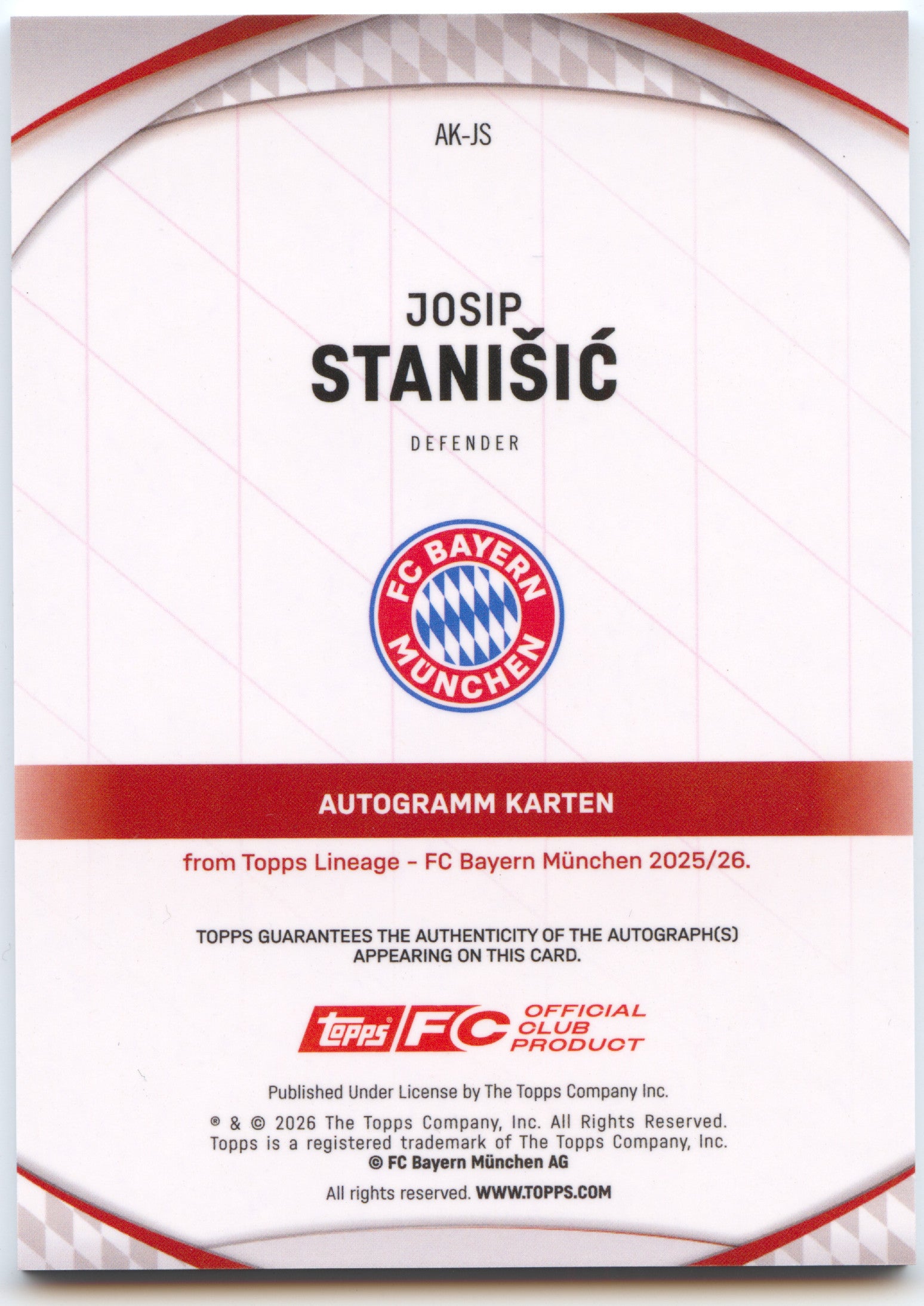 Fußball Josip Stanišić Topps Lineage 2025-26 FC Bayern München #AK-JS Auto Purple /75 FC Bayern München Trading Card Original