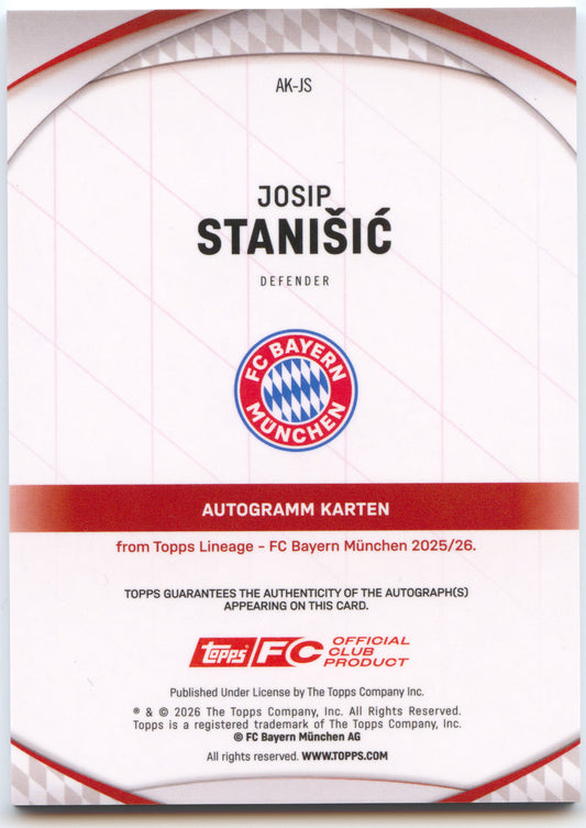 Fußball Josip Stanišić Topps Lineage 2025-26 FC Bayern München #AK-JS Auto Purple /75 FC Bayern München Trading Card Original