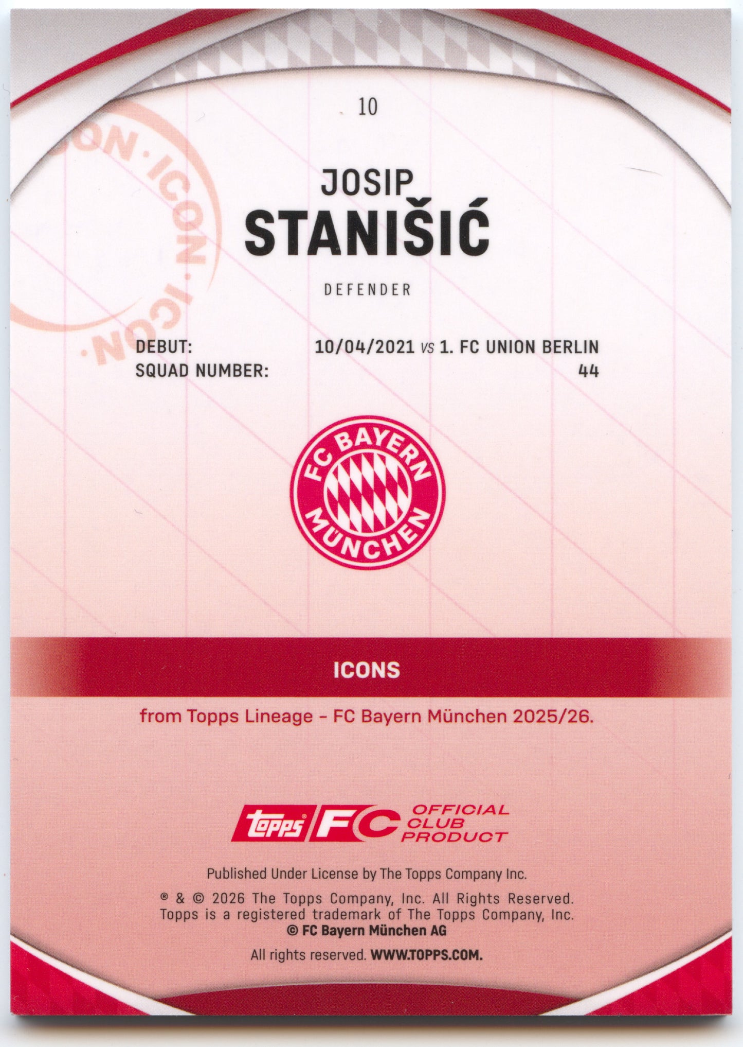 Fußball Josip Stanišić Topps Lineage 2025-26 FC Bayern München #10 Orange /25 FC Bayern München Trading Card Original