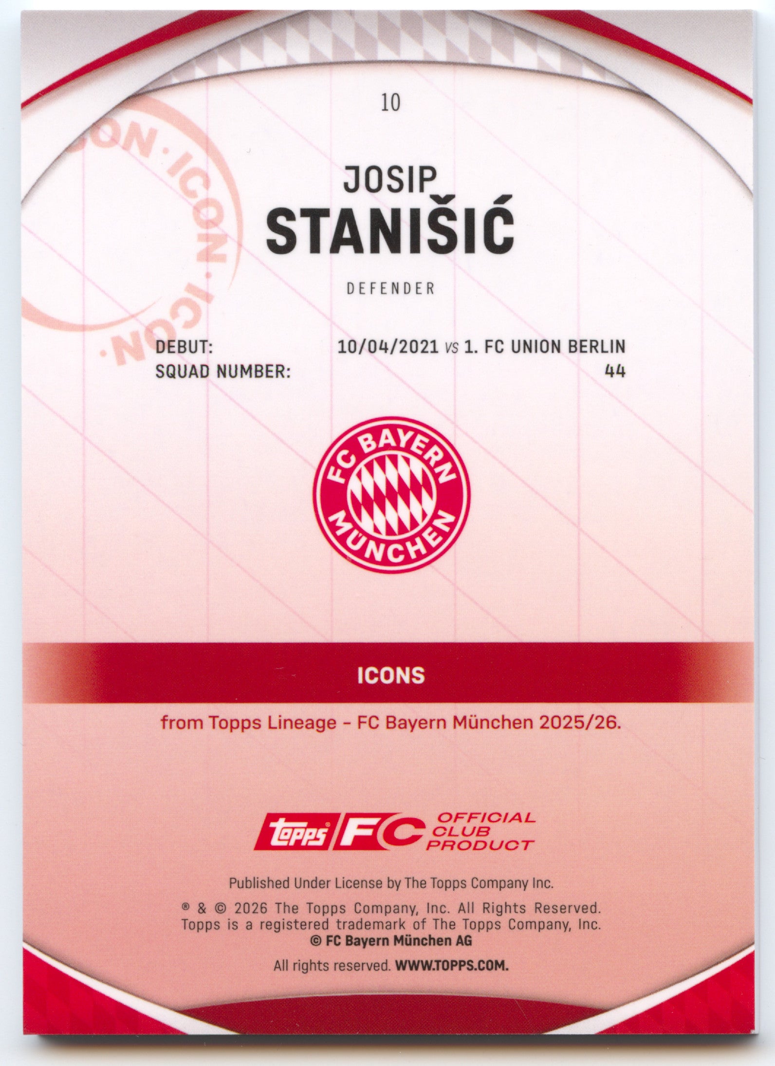 Fußball Josip Stanišić Topps Lineage 2025-26 FC Bayern München #10 FC Bayern München Trading Card Original