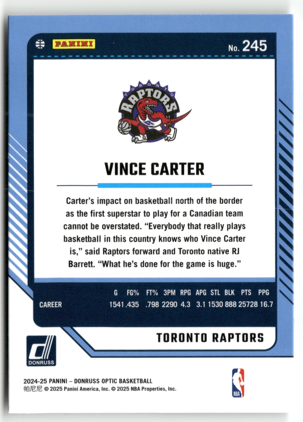 Basketball NBA Vince Carter 2024-25 Panini Donruss Optic Basketball #245 Toronto Raptors Trading Card Original