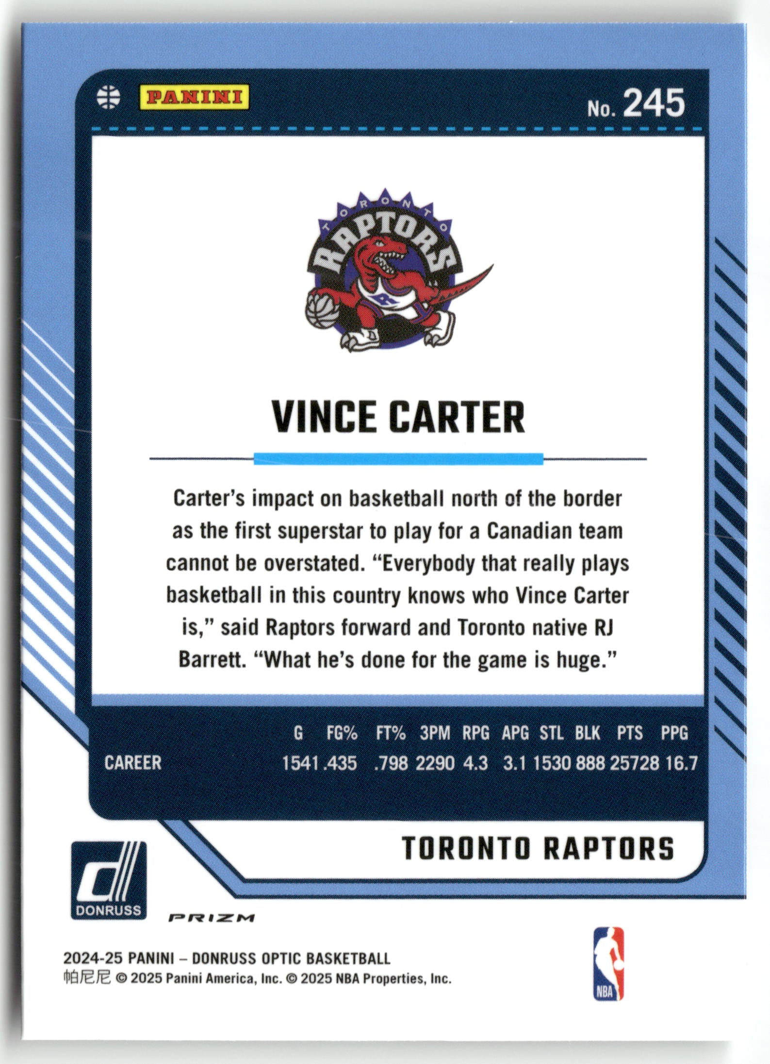 Basketball NBA Vince Carter 2024-25 Panini Donruss Optic Basketball #245 Silver Prizm Toronto Raptors Trading Card Original