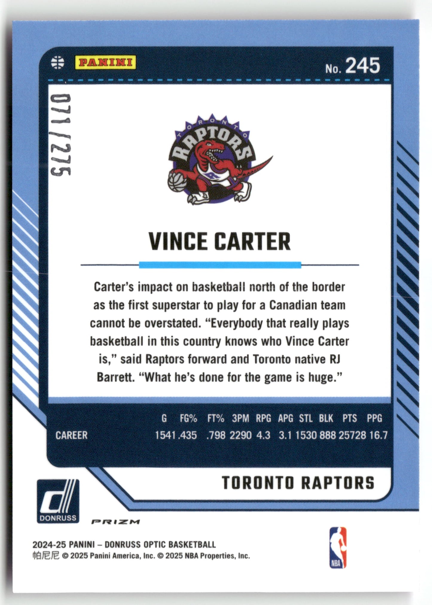 Basketball NBA Vince Carter 2024-25 Panini Donruss Optic Basketball #245 Pink Glitter /275 Toronto Raptors Trading Card Original