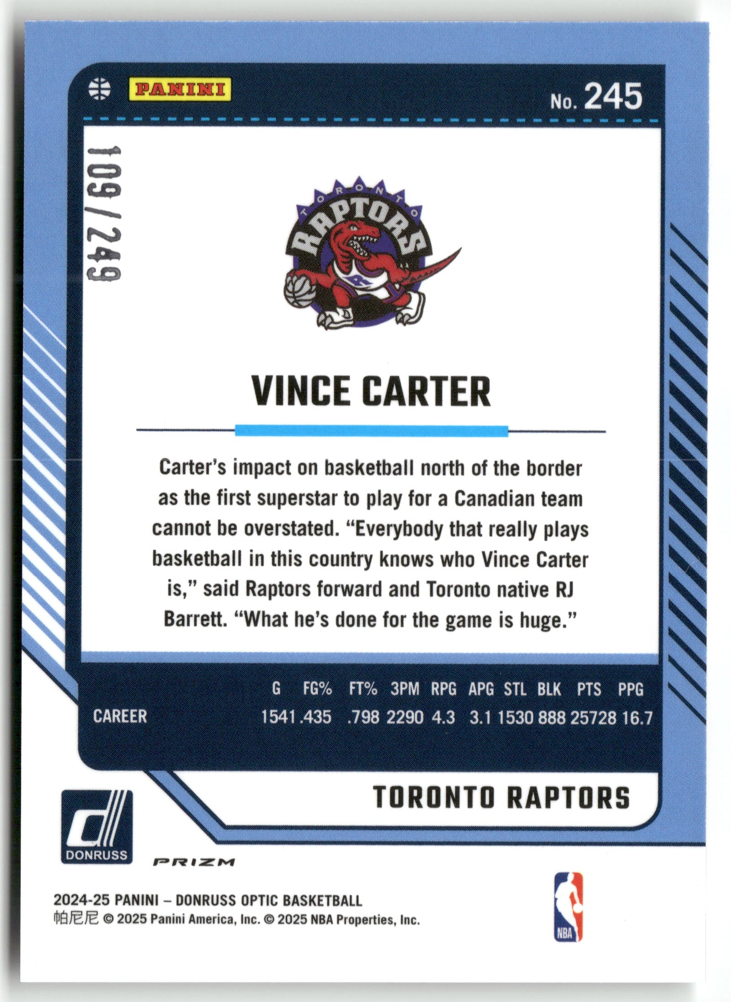 Basketball NBA Vince Carter 2024-25 Panini Donruss Optic Basketball #245 Premium Box Set /249 Toronto Raptors Trading Card Original