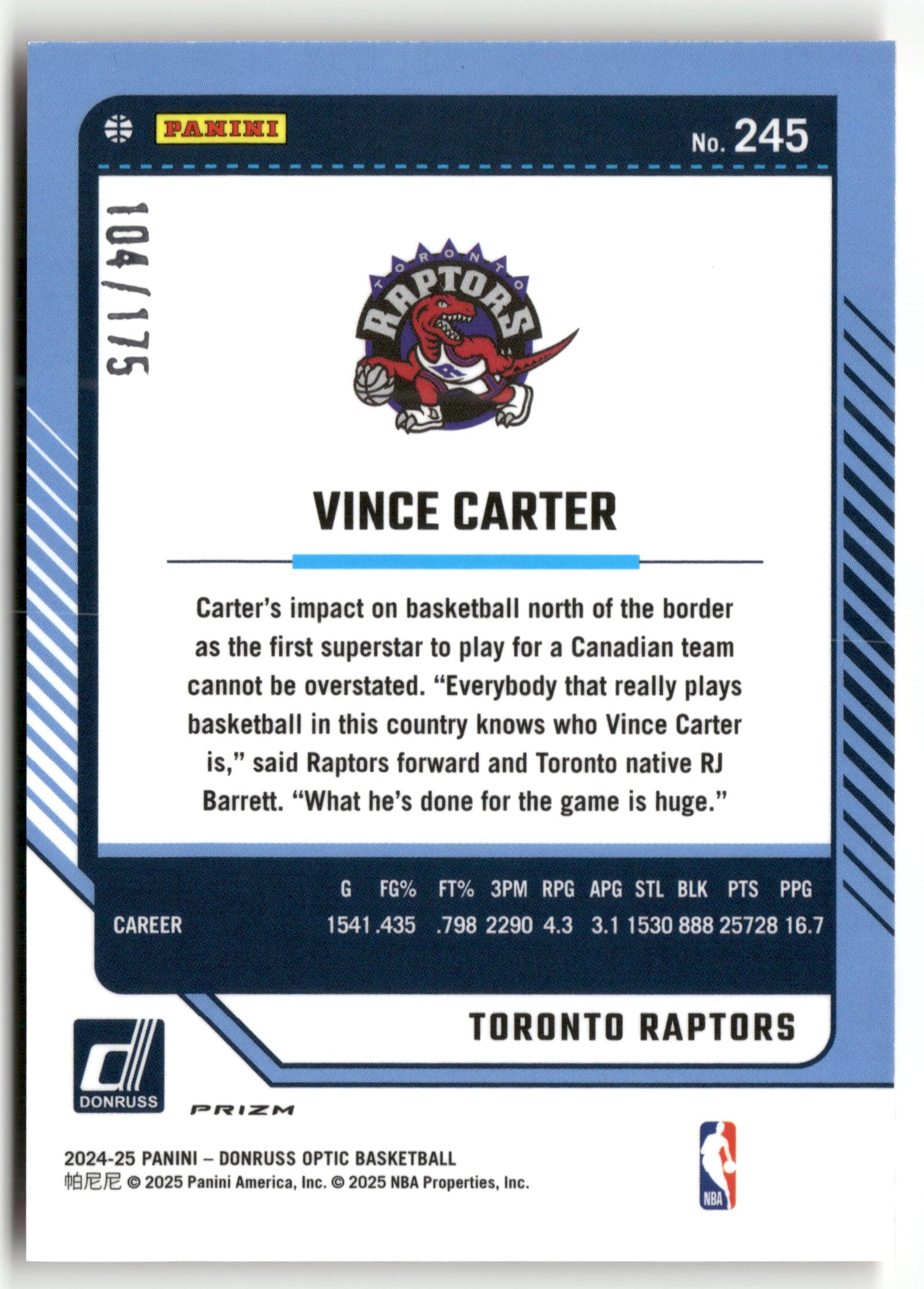Basketball NBA Vince Carter 2024-25 Panini Donruss Optic Basketball #245 Orange Prizm /175 Toronto Raptors Trading Card Original